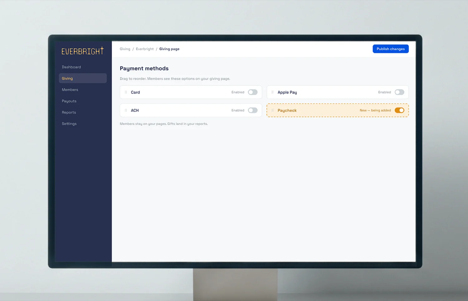 A giving platform's own admin, with a new “Paycheck” payment method being added to a church's giving page — the platform's sidebar, breadcrumb and branding all around it