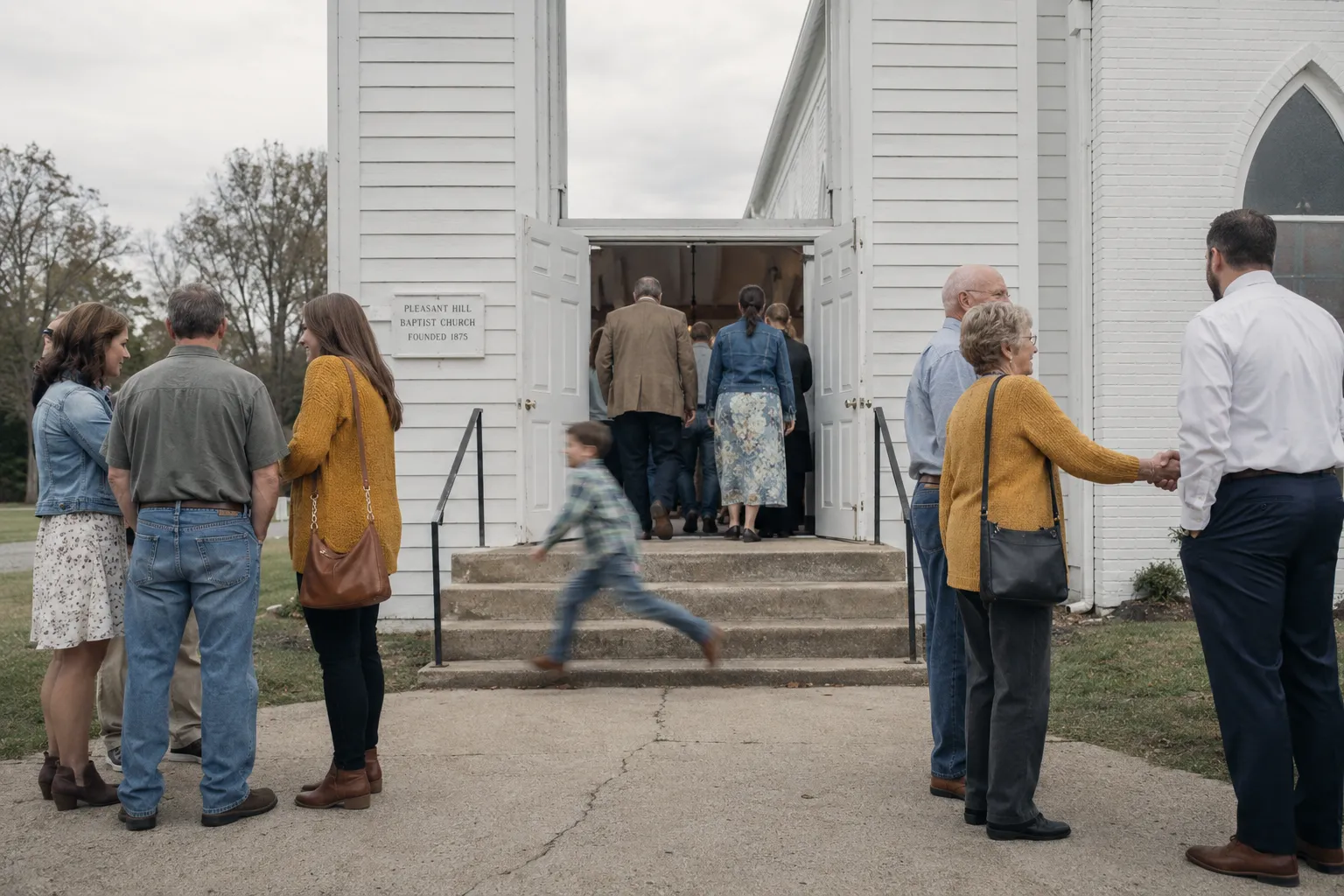 Church front steps after the service, people greeting