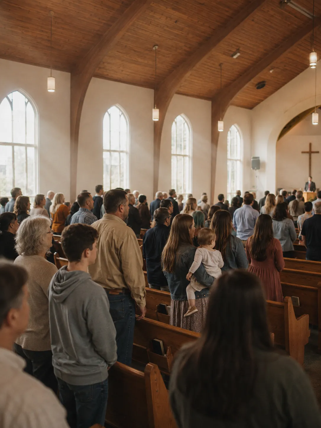 A congregation standing during worship, seen from the side aisle, morning light through tall windows