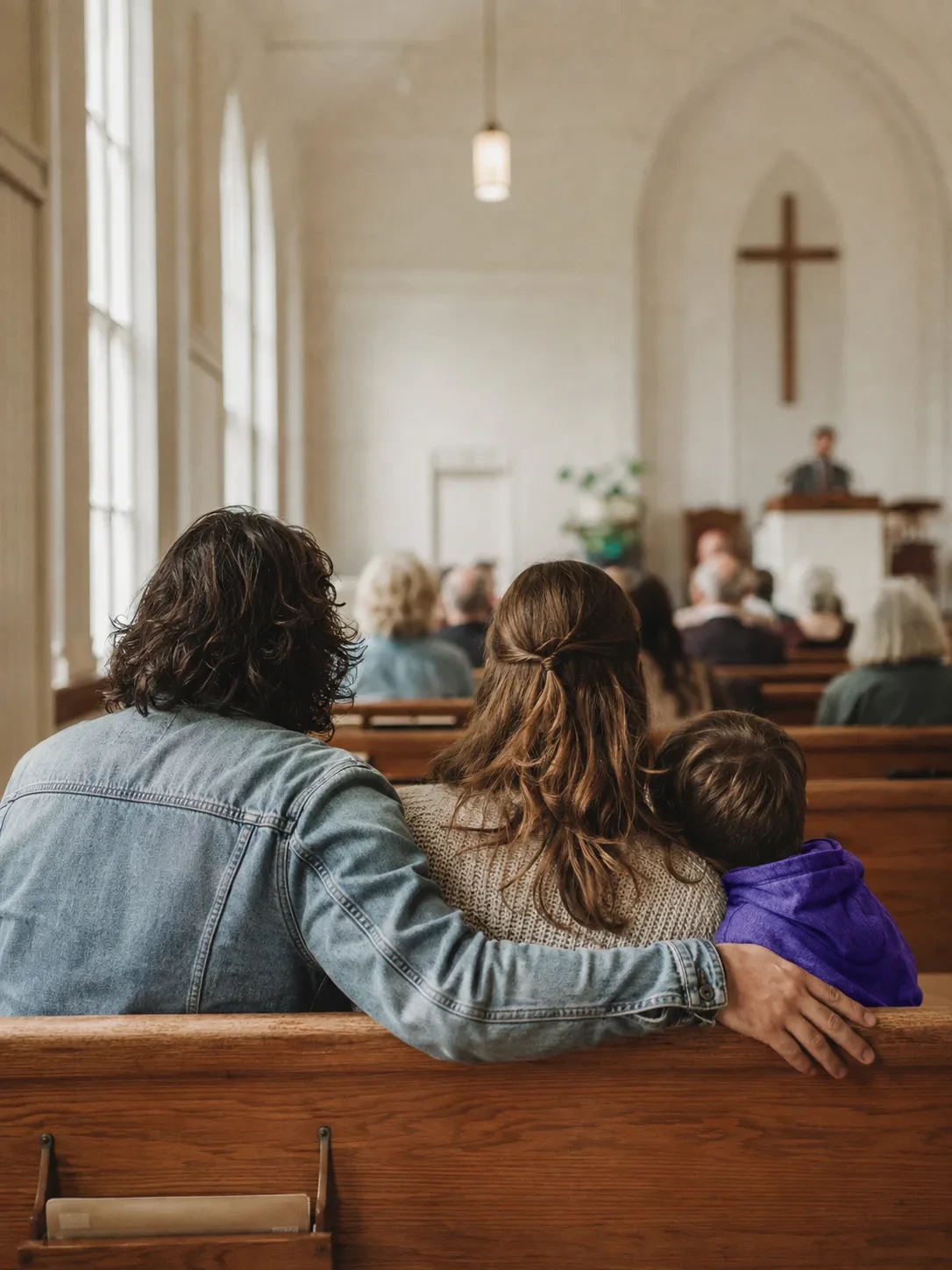 A family of three seated together in a wooden church pew, seen from behind, the father's arm around the mother's shoulders