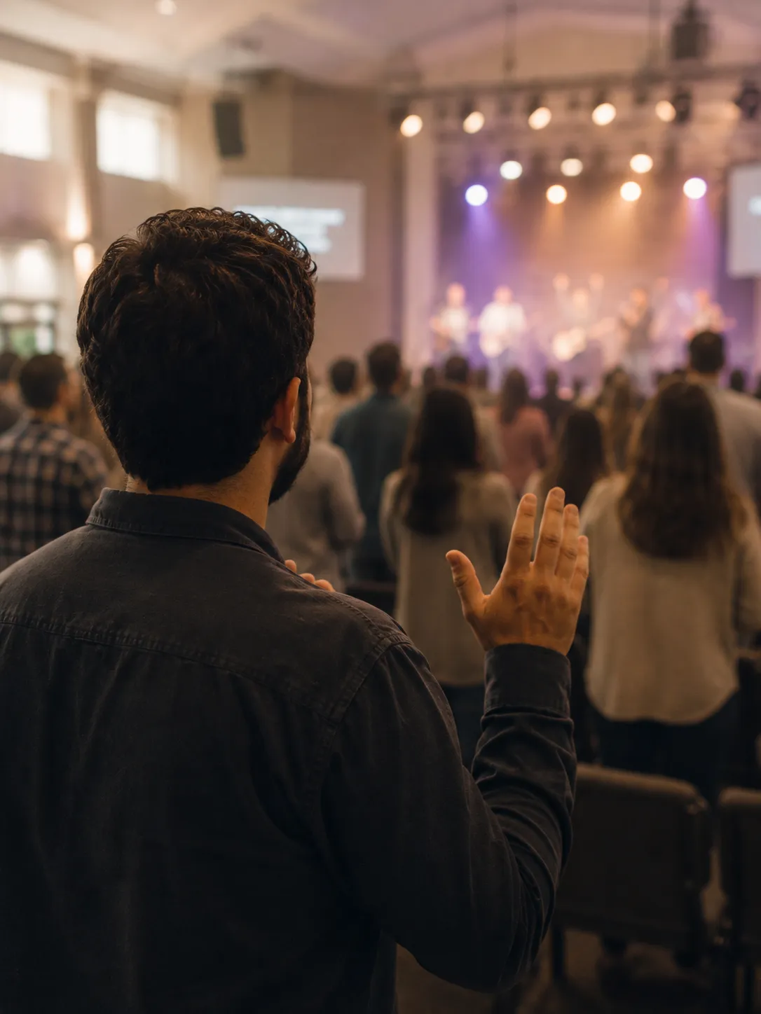 A member standing in worship, seen from behind, hands lifted