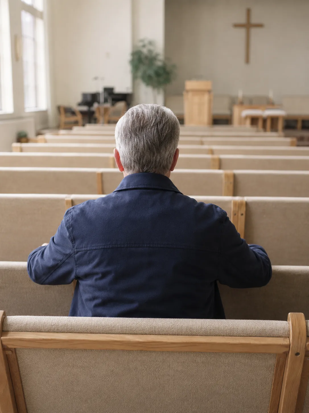 A grey-haired man seated alone in an empty sanctuary before the service, seen from behind