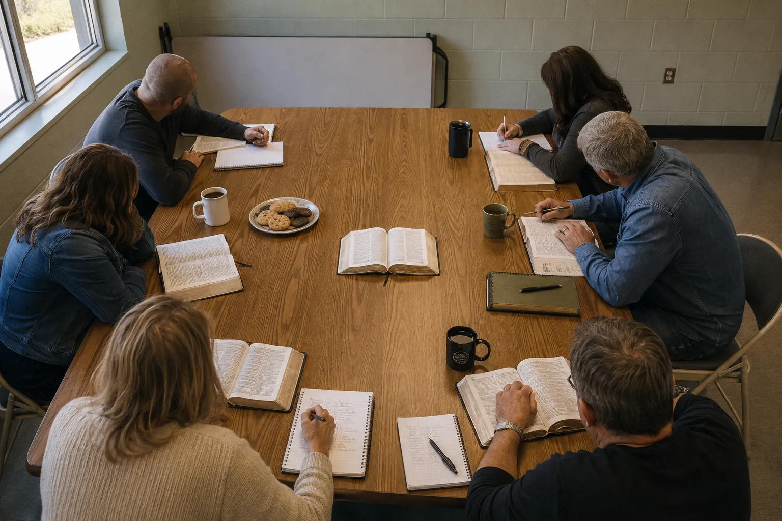 A small group of church members gathered around a table